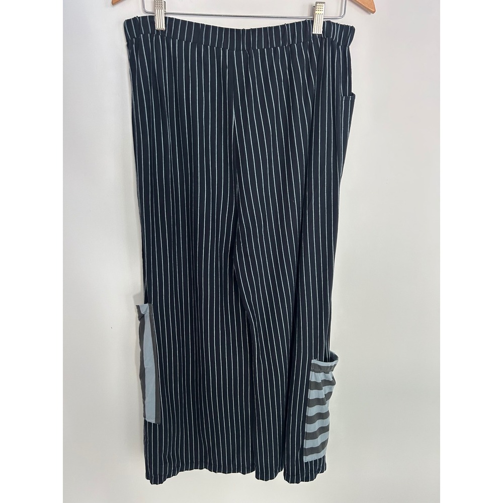 Flutter Womens Black White Pinstripe Wide Leg Cotton Pants Contrast Pockets L - Picture 11 of 12
